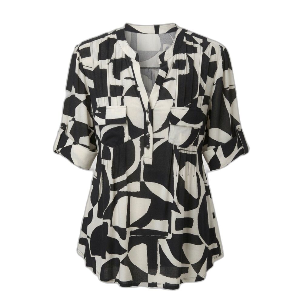 Cocomo Women's Plus Size 2X Black & Ivory Geo Print Pintuck 3/4 Short Sleeve Top